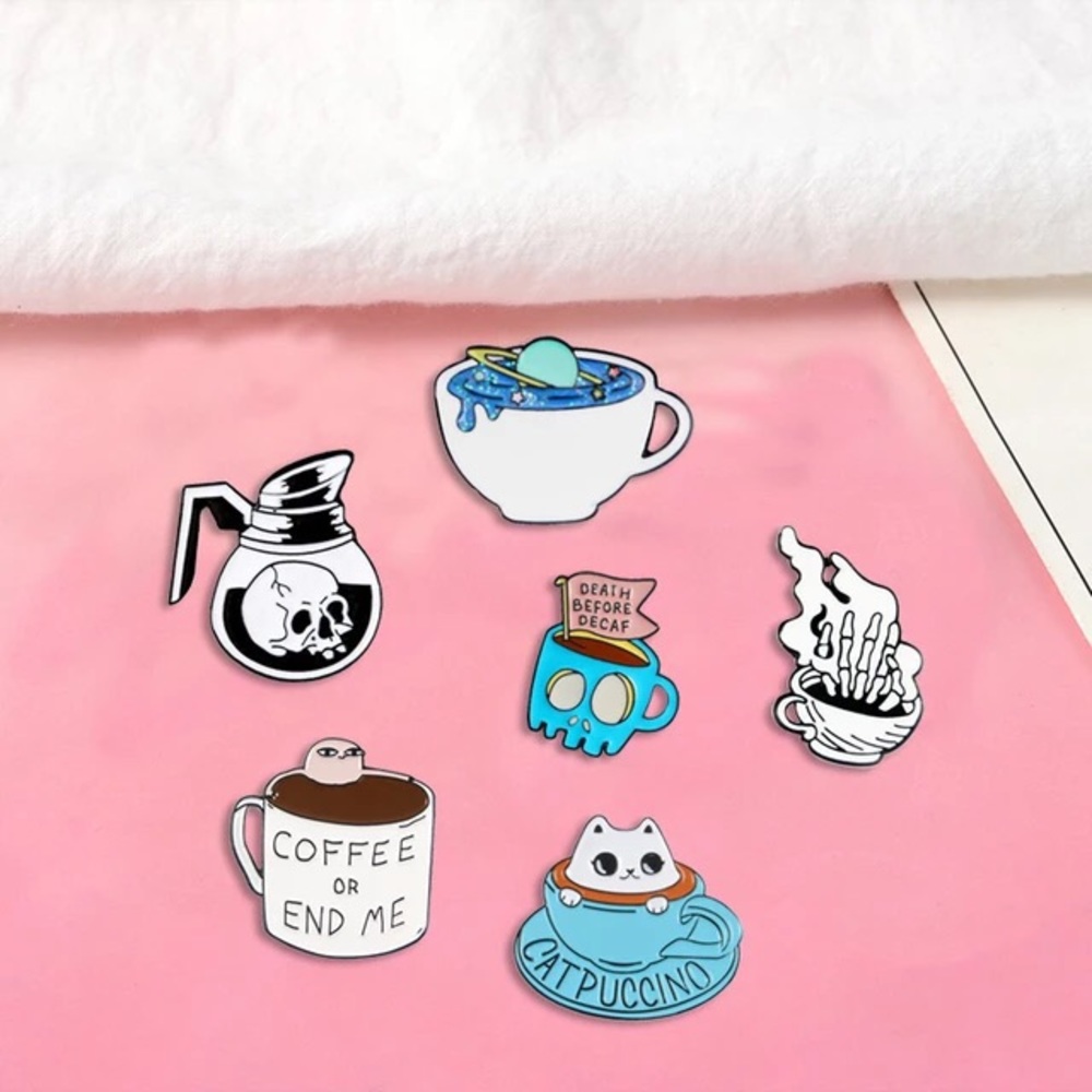 Funny Skull Coffee Mug Cup “Death Before Decaf” Metal Enamel Pin Brooch - Picture 6 of 8